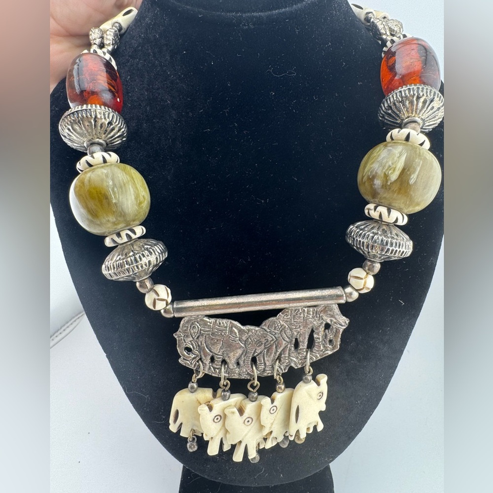 Elephant Charm with Silver and Brown Beaded Accent Necklace India